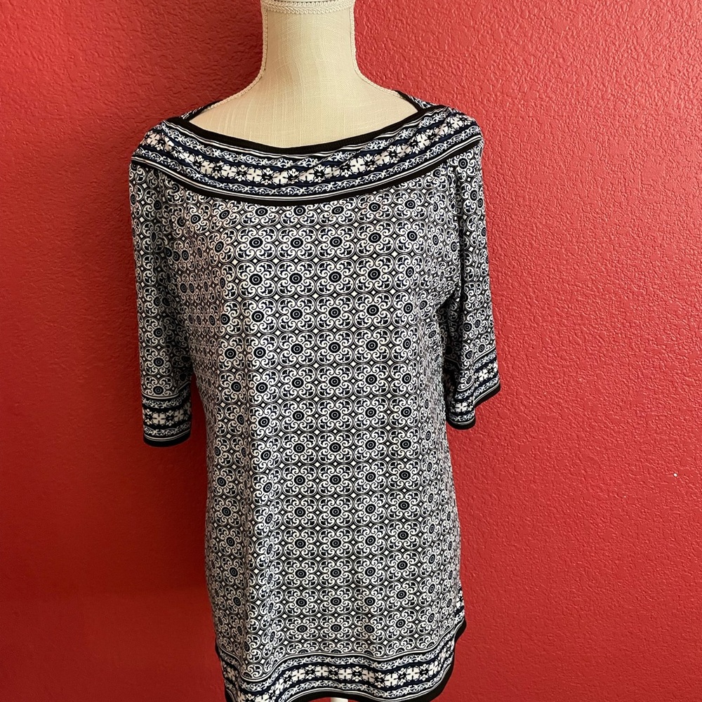 Max Studio Blue, Black and White Boat neck,  3/4 Sleeve Blouse